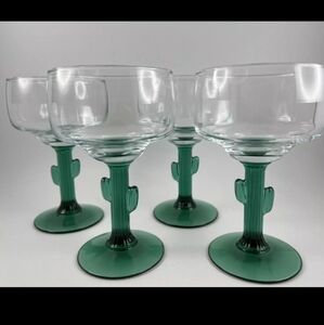 🆕Libbey Cactus Margarita Cocktail Glass Stemware 4 pack Clear w/ Green Stem